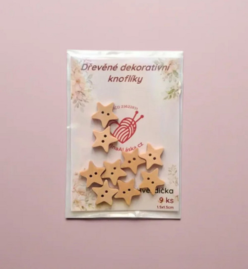 Dřevěné dekorační knoflíky Hvězdička – 9 ks