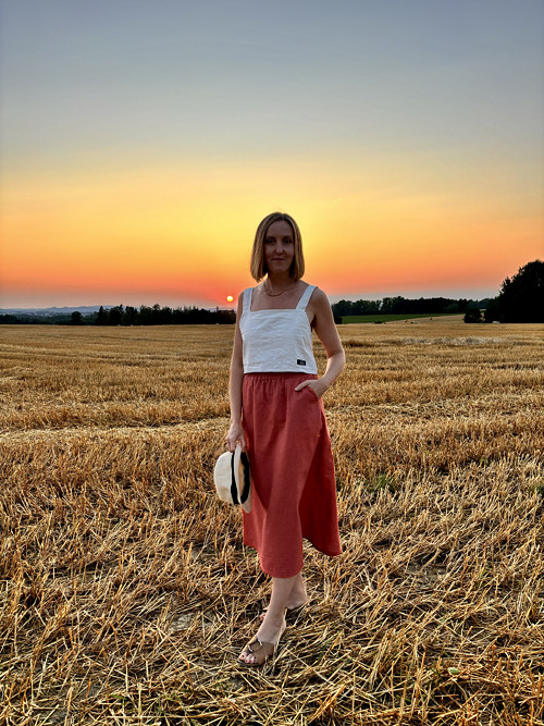 Lněná sukně Ava Broskvová dlouhá midi