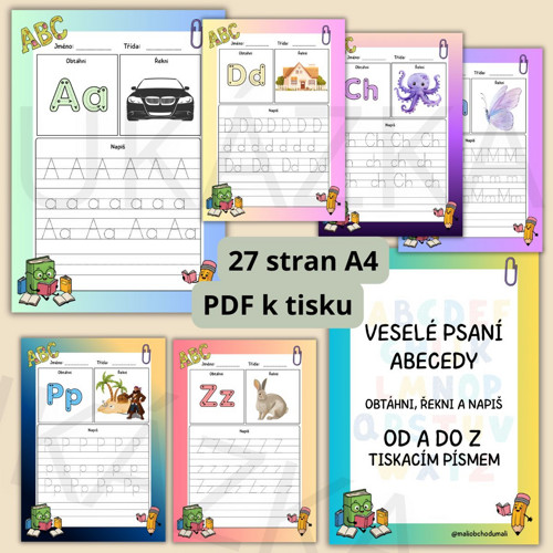 Veselé psaní abecedy - obtáhni, řekni, napiš (PDF)