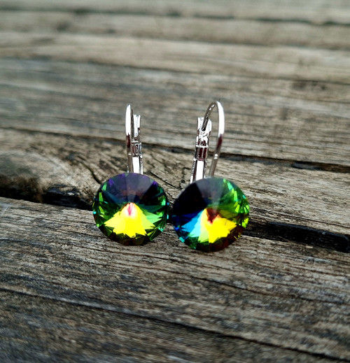 Zeleno-modré Swarovski Rivoli náušnice 10 mm