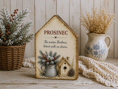Dřevěný domeček s českými pranostikami Prosinec