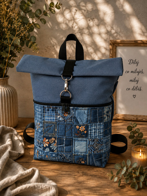 Překlápěcí batoh NIKÉ - falešný patchwork denim