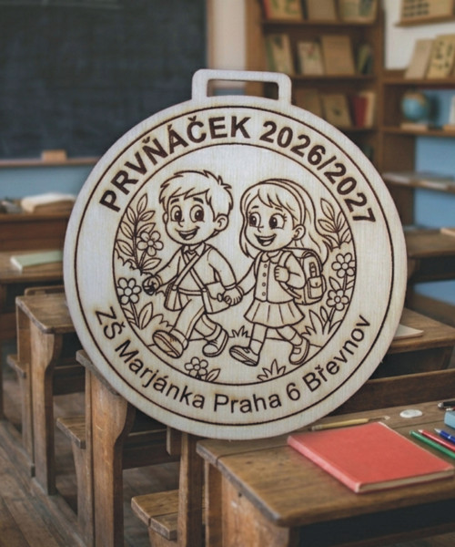 Dřevěná medaile Prvňáček s gravírováním 9 cm