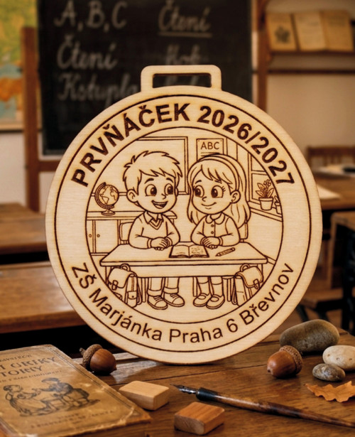 Dřevěná gravírovaná medaile Prvňáček 9 cm
