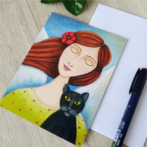 Přání Anděl s černou kočkou autorská ilustrace