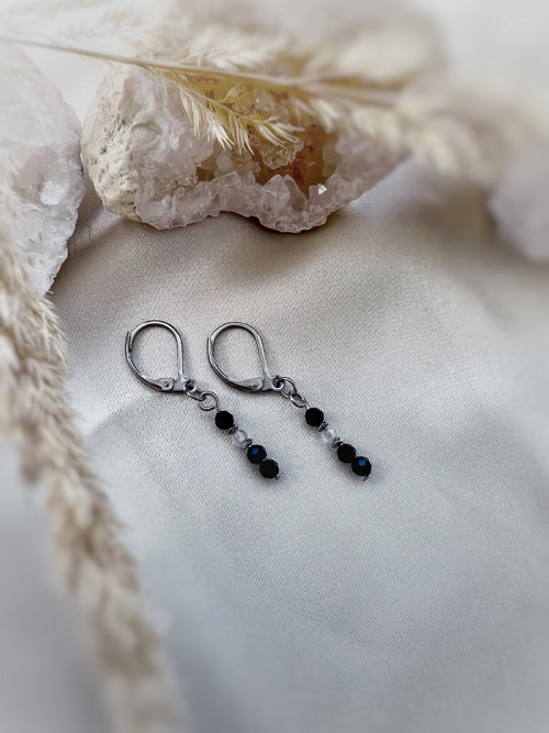 Náušnice černý spinel, bílý topaz, ocel
