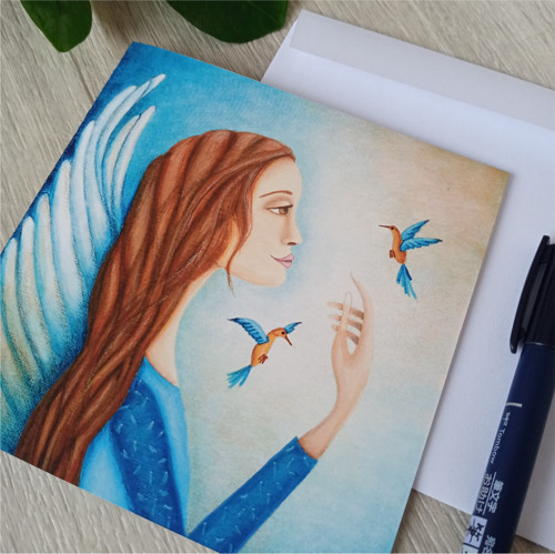 Přání Anděl s kolibříky autorská ilustrace