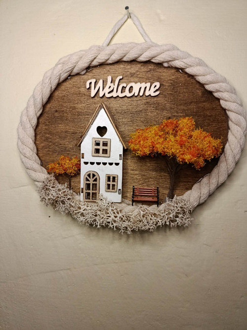 3D podzimní dekorace s domkem, lavičkou a stromy