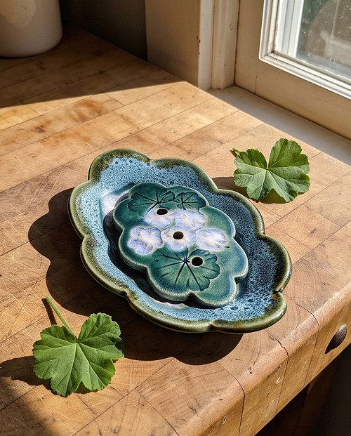 Dvoupatrová keramická mýdlenka Pelargonie II