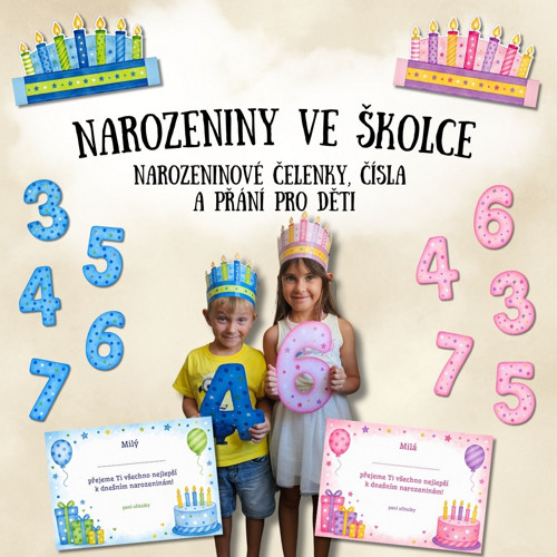 Narozeniny ve školce - čelenky, čísla, přání (PDF)