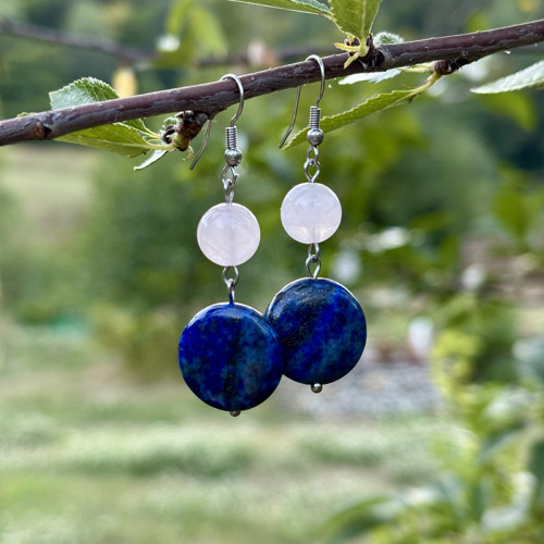 Luxusní minerální náušnice - lapis lazuli, růženín