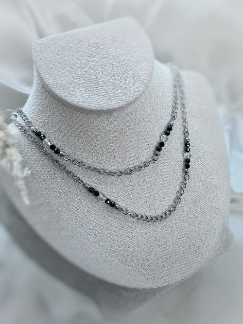 Dlouhý maxi náhrdelník černý spinel, křišťál, ocel