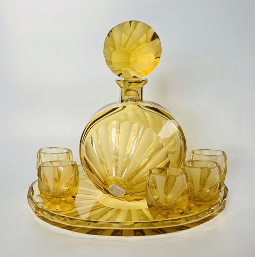 Art Deco likérová sada karafa, tác a 5x panák 30ml
