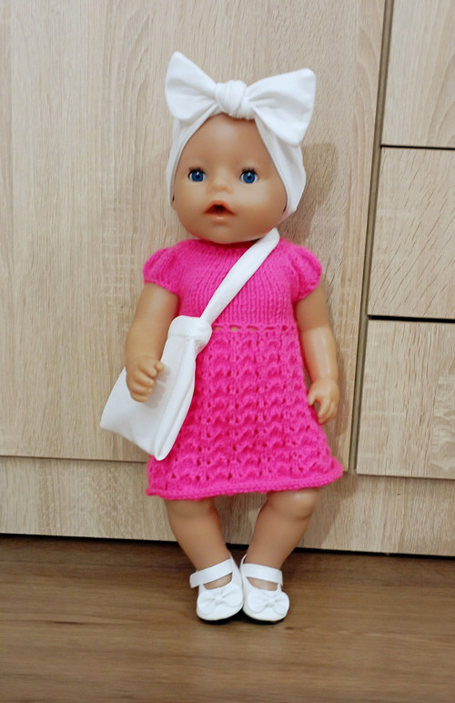Pletené šaty s čelenkou a taškou baby born 43 cm