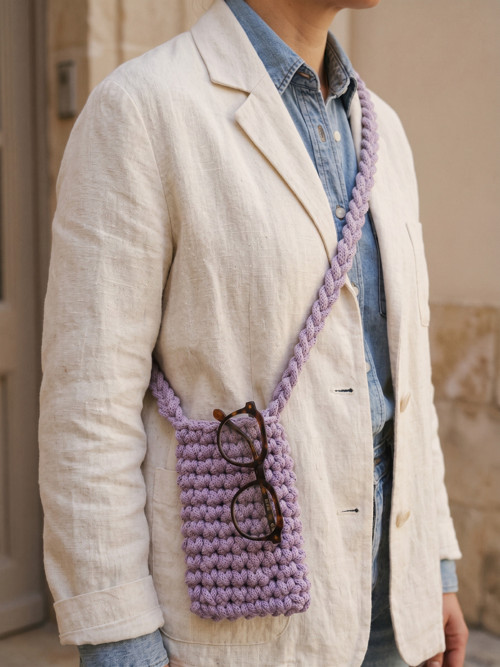 Háčkovaná crossbody kapsa na mobil – lila