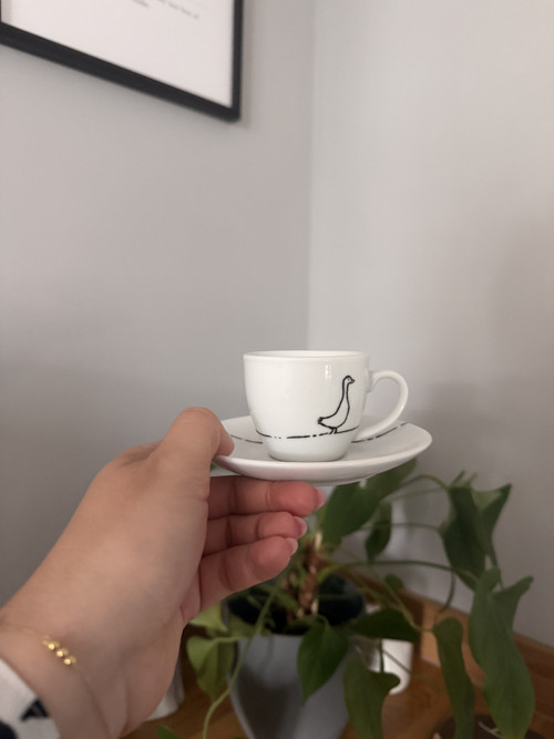 Porcelánový espresso šálek s podšálkem Husí láska