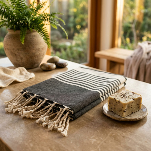 Osuška / Fouta s proužky – tmavě šedá