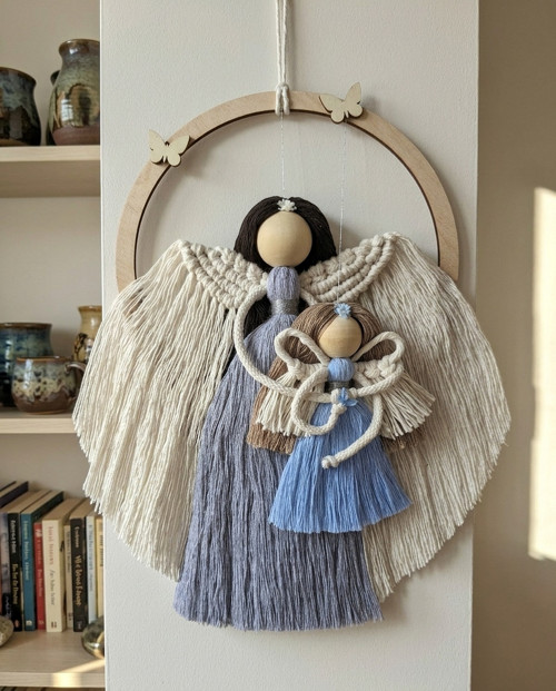 Macramé anděl strážný v kruhu – Velký a malý anděl