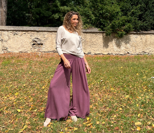 Kalhotová sukně dlouhá mauve se lnem