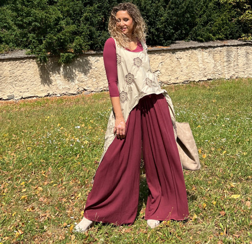 Kalhotová sukně dlouhá mahagon se lnem