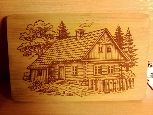 Gravírovaný obrázek na bambusu - Horská roubenka