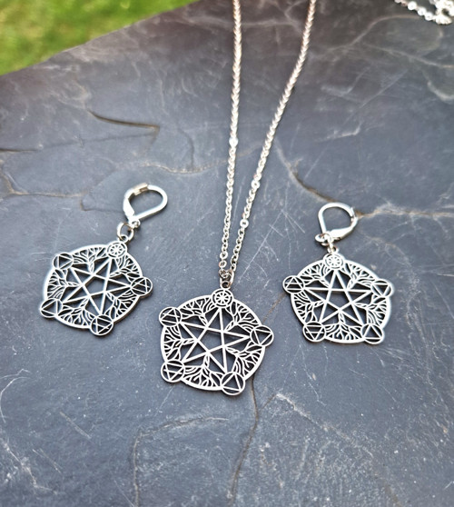 Ocelové náušnice*Wicca pentagram*strom života