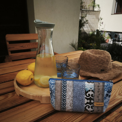 Taštička sešívaná proužky patchwork modrá béžová