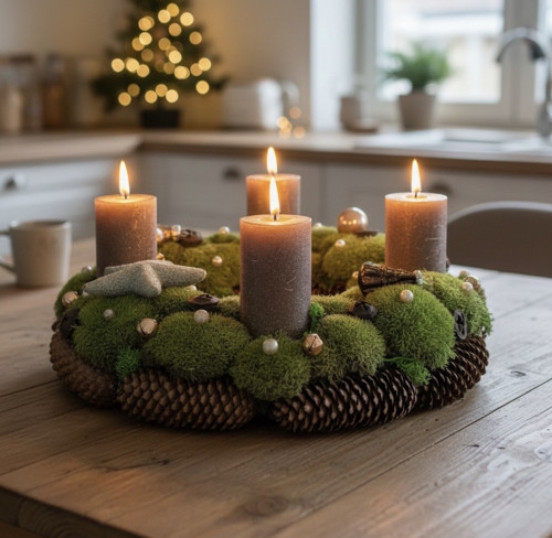 Mechový adventní věnec se svíčkami – průměr 35 cm