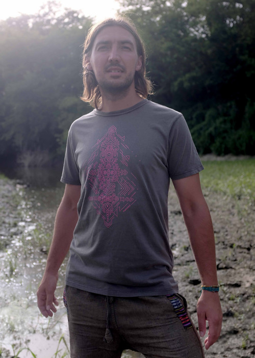Folklorní fluo tričko TOTEM stonewash/šedo-růžový