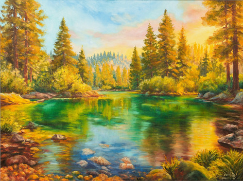 Tiché jezero v záři slunce - autorský tisk