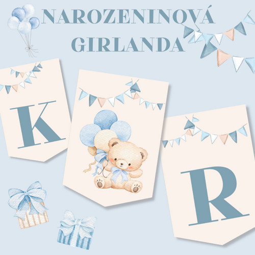 NAROZENINOVÁ GIRLANDA s medvídkem - pdf k tisku