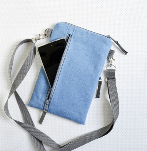 Džínová crossbody taštička na mobil, 2 kapsy