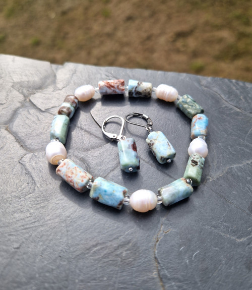 Larimar*kvádříky*perly*náramek