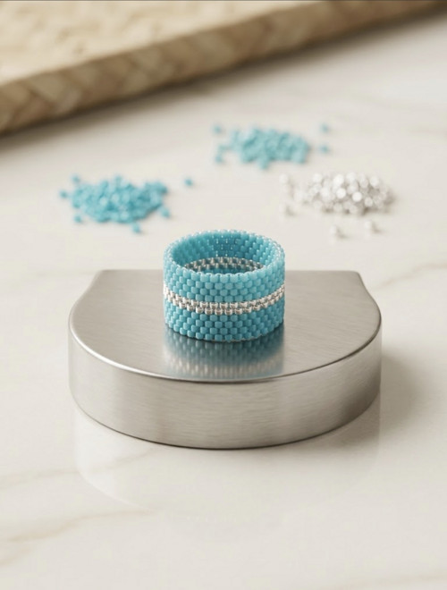 Ručně tkaný Miyuki prsten - Silver Line Turquoise