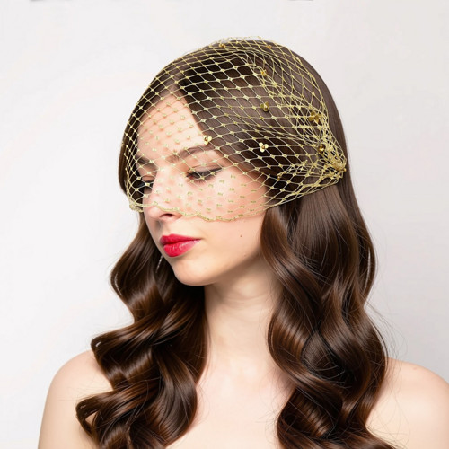 Luxusní zlatý závoj birdcage s mosaznými kvítky
