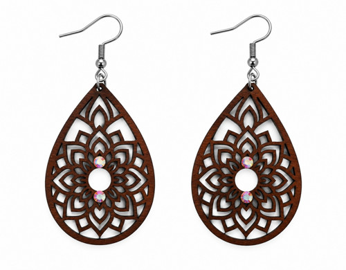 Dřevěné náušnice Mandala květ s krystaly Swarovski