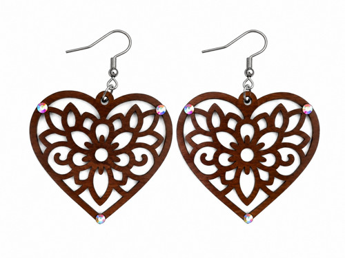 Dřevěné náušnice Květinový ornament v srdci