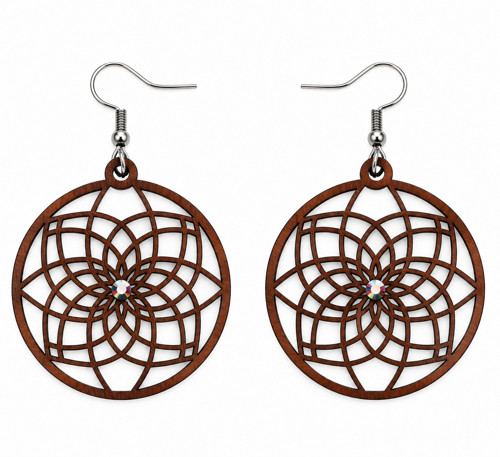 Dřevěné náušnice Květ života s krystaly Swarovski