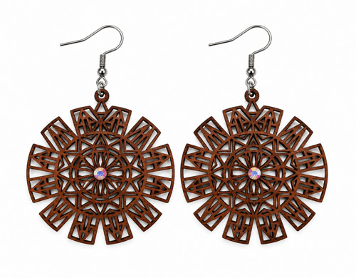 Dřevěné náušnice Geometrická mandala s krystaly