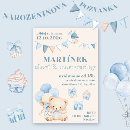 DĚTSKÁ NAROZENINOVÁ POZVÁNKA s medvídkem