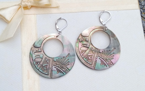 Etno náušnice s abalone perletí 40 mm – Ocel