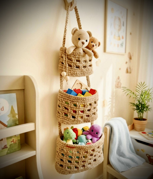 Trojitý závěsný boho organizér háčkovaný z juty