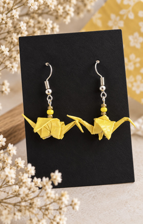 Origami náušnice Jeřábi – žluté