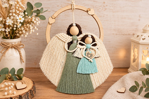Macramé anděl strážný v kruhu – Velký a malý anděl
