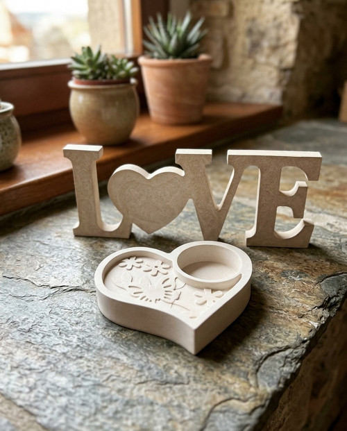 Set LOVE: Svícen ve tvaru srdce a nápis s texturou