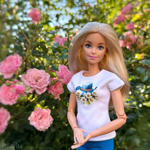 Tričko pro Barbie - klobouk a kopretiny, bílé