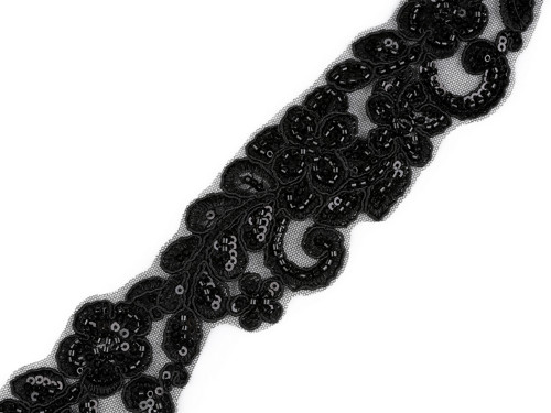 Vyšívaná krajka s korálky a flitry (10cm) - černá