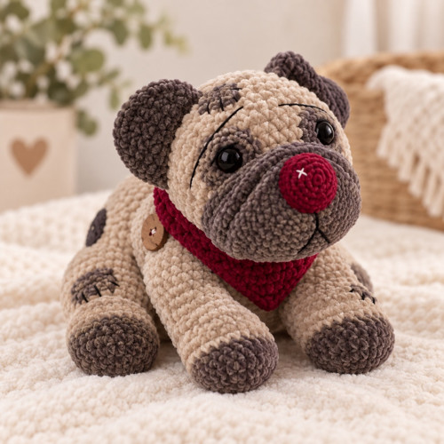 Hebký háčkovaný mopsík se šátkem - cca 30 cm