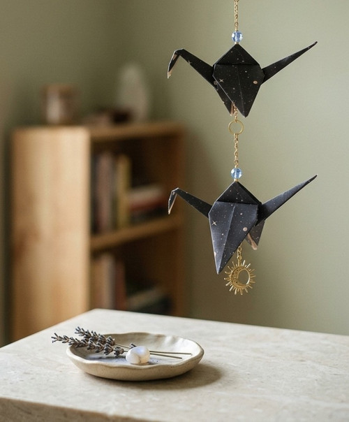 Origami závěs s šesti jeřáby a korálky