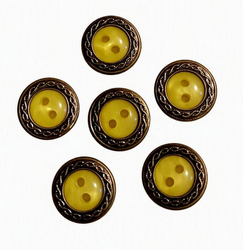 5x knoflíky žlutá perleť s měděným zdobením